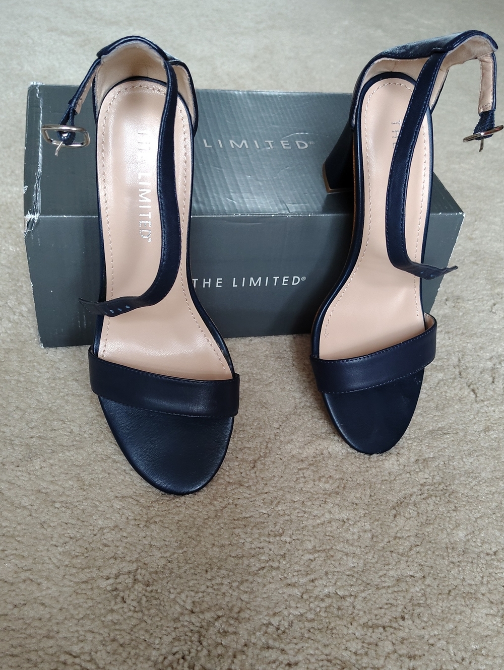The Limited Leather Upper Navy Open-Toe Ankle-Strap Block Heels